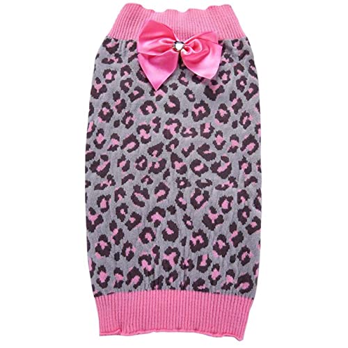 HonpraD X Small Dog Sweaters Puppy Leopard Bowknot Puppy Pink Pet Winter Cute Sweater Pet Clothes Girl Small Dog Clothes