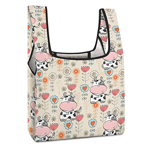 Cow Pattern Printed Reusable Grocery Bag with Handle Foldable Shopping Tote Bags Portable for Supermarket Camping