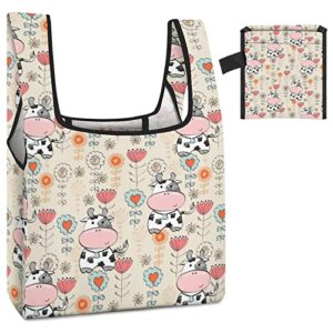 Cow Pattern Printed Reusable Grocery Bag with Handle Foldable Shopping Tote Bags Portable for Supermarket Camping