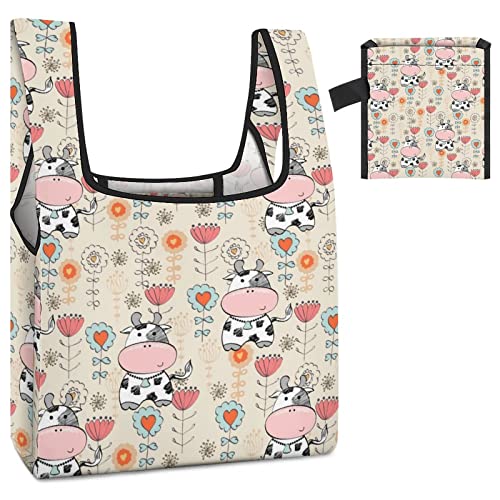 Cow Pattern Printed Reusable Grocery Bag with Handle Foldable Shopping Tote Bags Portable for Supermarket Camping