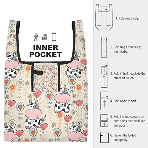 Cow Pattern Printed Reusable Grocery Bag with Handle Foldable Shopping Tote Bags Portable for Supermarket Camping
