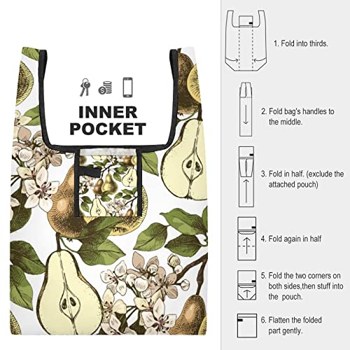 Pears Printed Reusable Grocery Bag with Handle Foldable Shopping Tote Bags Portable for Supermarket Camping