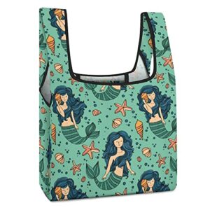 cute mermaid secret printed reusable grocery bag with handle foldable shopping tote bags portable for supermarket camping