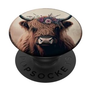 funny cute floral scottish highland cow popsockets standard popgrip