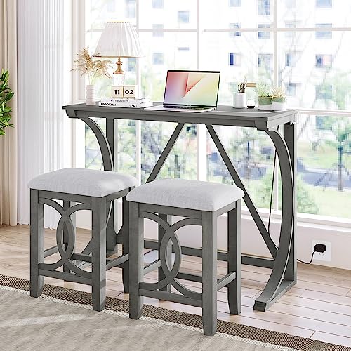 P PURLOVE 3-Piece Bar Table Set, Dining Table Set,Breakfast Bar Table for 2,Counter Height Dining Table Set with USB Port and Upholstered Stools for Kicthen Room,Dining Room