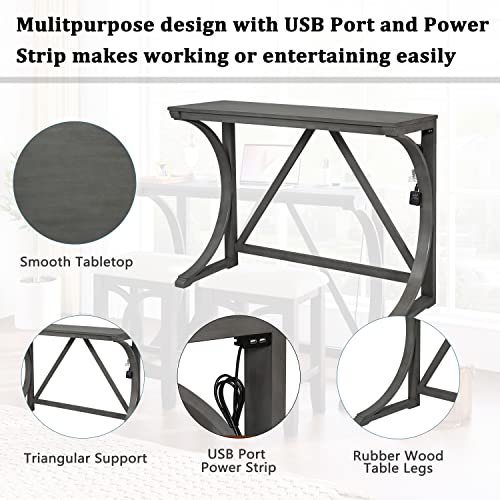 P PURLOVE 3-Piece Bar Table Set, Dining Table Set,Breakfast Bar Table for 2,Counter Height Dining Table Set with USB Port and Upholstered Stools for Kicthen Room,Dining Room