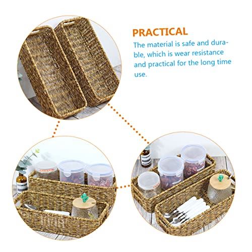 STOBAZA 2pcs Bins Daily Weave Capacity Seagrass Woven Tabletop Topper Willow Organizer Storage Organizing Hyacinth Toilet Desktop Rectangular Handles Wicker Basket Sundries Office Rustic