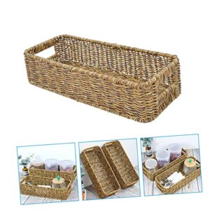 STOBAZA 2pcs Bins Daily Weave Capacity Seagrass Woven Tabletop Topper Willow Organizer Storage Organizing Hyacinth Toilet Desktop Rectangular Handles Wicker Basket Sundries Office Rustic