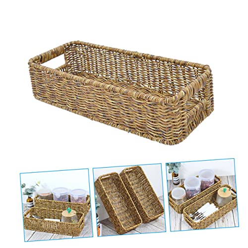 STOBAZA 2pcs Bins Daily Weave Capacity Seagrass Woven Tabletop Topper Willow Organizer Storage Organizing Hyacinth Toilet Desktop Rectangular Handles Wicker Basket Sundries Office Rustic