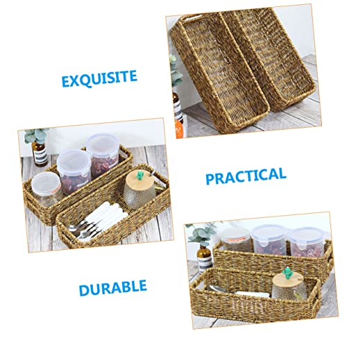 STOBAZA 2pcs Bins Daily Weave Capacity Seagrass Woven Tabletop Topper Willow Organizer Storage Organizing Hyacinth Toilet Desktop Rectangular Handles Wicker Basket Sundries Office Rustic