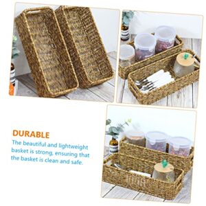 STOBAZA 2pcs Bins Daily Weave Capacity Seagrass Woven Tabletop Topper Willow Organizer Storage Organizing Hyacinth Toilet Desktop Rectangular Handles Wicker Basket Sundries Office Rustic