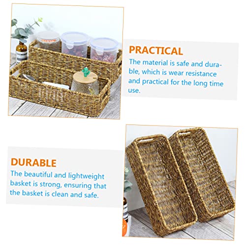 STOBAZA 2pcs Bins Daily Weave Capacity Seagrass Woven Tabletop Topper Willow Organizer Storage Organizing Hyacinth Toilet Desktop Rectangular Handles Wicker Basket Sundries Office Rustic