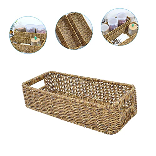 STOBAZA 2pcs Bins Daily Weave Capacity Seagrass Woven Tabletop Topper Willow Organizer Storage Organizing Hyacinth Toilet Desktop Rectangular Handles Wicker Basket Sundries Office Rustic