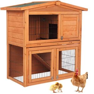 40 inch wood rabbit hutch 2-story rabbit cage bunny hutch indoor outdoor guinea pig cage, small animal enclosure with run area, removable no leaking tray, asphalt roof, lockable doors and ramp