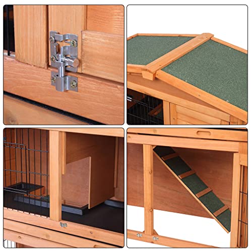 40 Inch Wood Rabbit Hutch 2-Story Rabbit Cage Bunny Hutch Indoor Outdoor Guinea Pig Cage, Small Animal Enclosure with Run Area, Removable No Leaking Tray, Asphalt Roof, Lockable Doors and Ramp