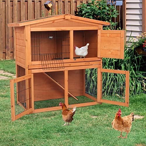40 Inch Wood Rabbit Hutch 2-Story Rabbit Cage Bunny Hutch Indoor Outdoor Guinea Pig Cage, Small Animal Enclosure with Run Area, Removable No Leaking Tray, Asphalt Roof, Lockable Doors and Ramp