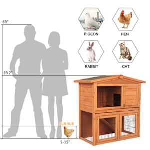 40 Inch Wood Rabbit Hutch 2-Story Rabbit Cage Bunny Hutch Indoor Outdoor Guinea Pig Cage, Small Animal Enclosure with Run Area, Removable No Leaking Tray, Asphalt Roof, Lockable Doors and Ramp