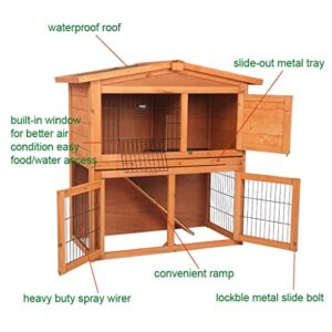 40 Inch Wood Rabbit Hutch 2-Story Rabbit Cage Bunny Hutch Indoor Outdoor Guinea Pig Cage, Small Animal Enclosure with Run Area, Removable No Leaking Tray, Asphalt Roof, Lockable Doors and Ramp