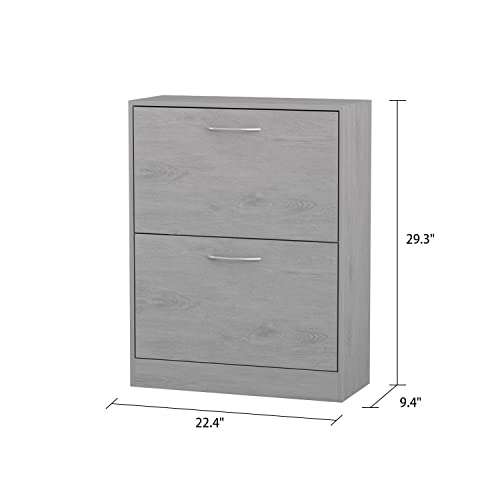 Grey Wood 12-Pair Shoe Storage Cabinet W/ 2 Flip Drawers Modern Contemporary Scandinavian MDF Matte Hidden Includes Hardware