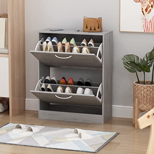 Grey Wood 12-Pair Shoe Storage Cabinet W/ 2 Flip Drawers Modern Contemporary Scandinavian MDF Matte Hidden Includes Hardware