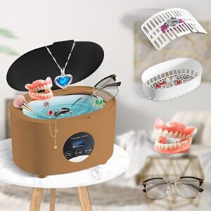 aocktobar jewelry cleaner ultrasonic machine, ultrasonic jewelry cleaner 600ml with 5 digital timer and degassing function, ultrasonic cleaner machine for jewelry, daily use, glasses, denture(brown)
