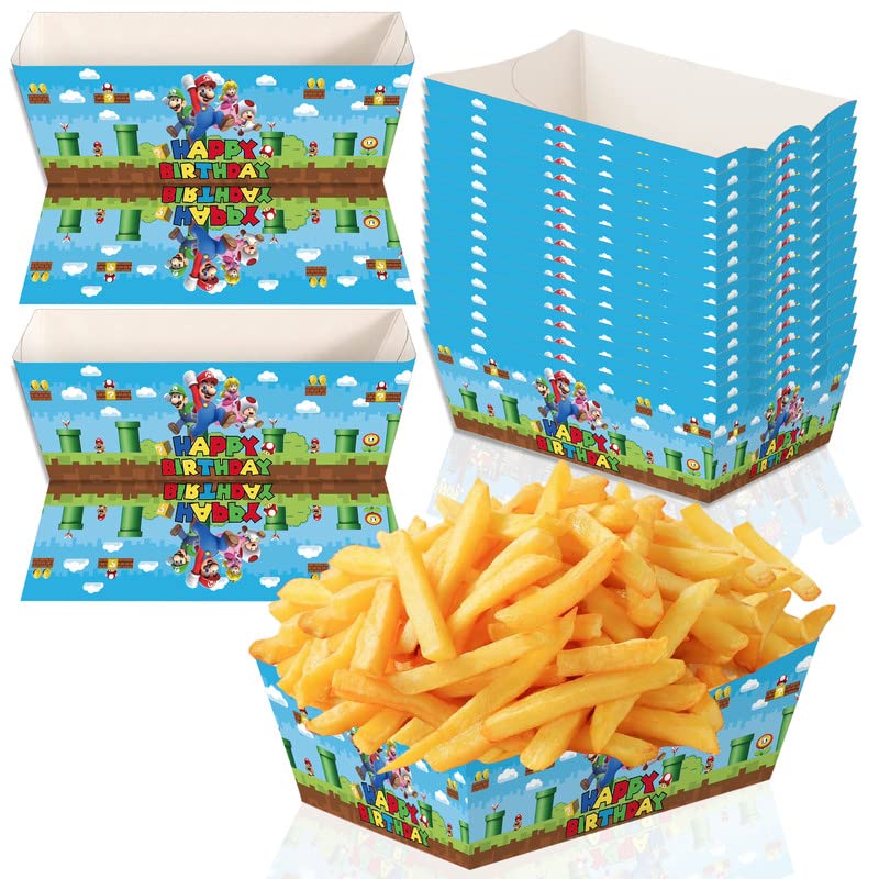 YOPENMOUNE 40PCS Super Bros Birthday Party Supplies,Super Bros Food Tray Super Bros Party Favors Paper Food Serving Tray Mario Paper Trays.6.7 x 5 x 2IN.