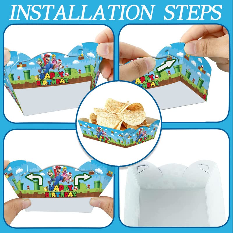 YOPENMOUNE 40PCS Super Bros Birthday Party Supplies,Super Bros Food Tray Super Bros Party Favors Paper Food Serving Tray Mario Paper Trays.6.7 x 5 x 2IN.