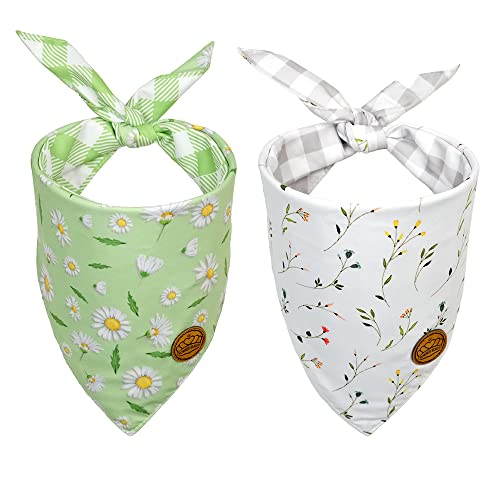 CROWNED BEAUTY Spring Summer Dog Bandanas Reversible Large 2 Pack, Floral Set, Plaid Adjustable Triangle Holiday Green Scarves for Medium Large Extra Large Dogs Pets DB34-L