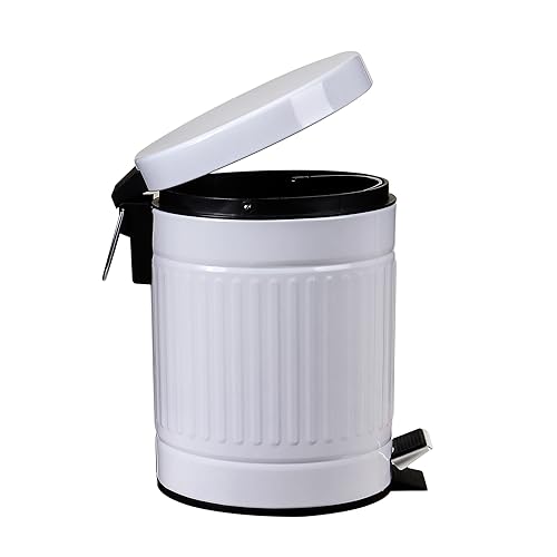 OCTMUSTARD 5 L Round Step Pet Trash with Lid,Mini Metal Pedal Bin,Small Garbage Can Wastebasket for Home,Car or Office，White