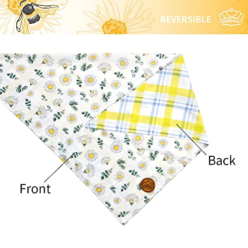 CROWNED BEAUTY Spring Summer Dog Bandanas Reversible Large 2 Pack, Daisy Bee Set, Plaid Adjustable Triangle Holiday Scarves for Medium Large Extra Large Dogs Pets DB36-L