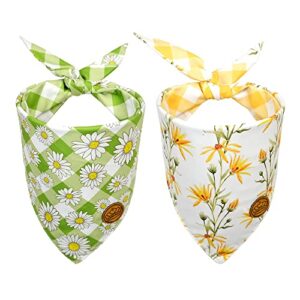 crowned beauty spring summer dog bandanas reversible large 2 pack, floral daisy set, plaid adjustable triangle holiday green yellow scarves for medium large extra large dogs pets db37-l