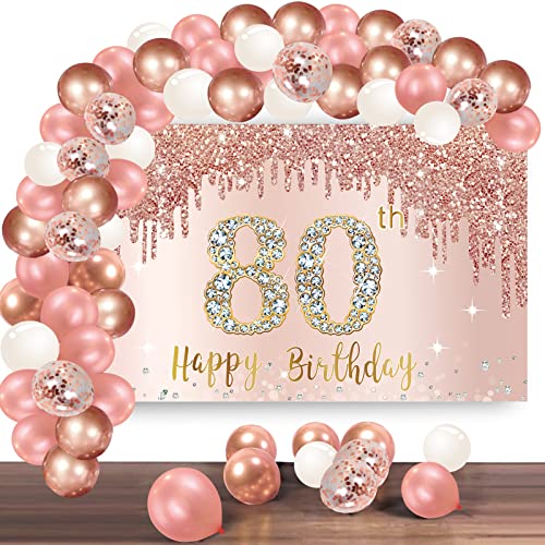 Happy 80th Birthday Banner Backdrop Decorations with Confetti Balloon Garland Arch, Rose Gold 80 Birthday Banner Balloon Set for Women, Pink 80 Year Old Bday Poster Photo Booth Decor