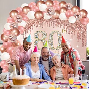 Happy 80th Birthday Banner Backdrop Decorations with Confetti Balloon Garland Arch, Rose Gold 80 Birthday Banner Balloon Set for Women, Pink 80 Year Old Bday Poster Photo Booth Decor