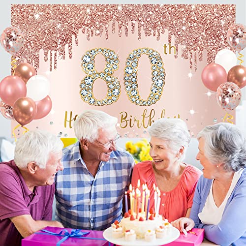 Happy 80th Birthday Banner Backdrop Decorations with Confetti Balloon Garland Arch, Rose Gold 80 Birthday Banner Balloon Set for Women, Pink 80 Year Old Bday Poster Photo Booth Decor