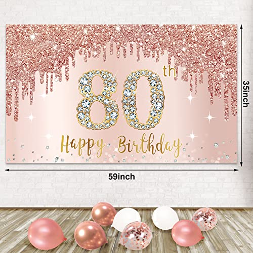 Happy 80th Birthday Banner Backdrop Decorations with Confetti Balloon Garland Arch, Rose Gold 80 Birthday Banner Balloon Set for Women, Pink 80 Year Old Bday Poster Photo Booth Decor