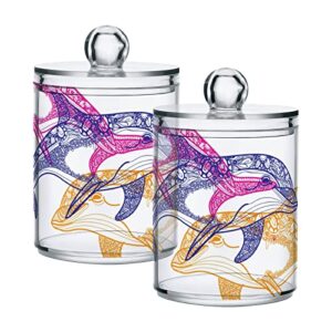wellday apothecary jars bathroom storage organizer with lid - 14 oz qtip holder storage canister, three bottlenose dolphins mandala clear plastic jar for cotton swab, cotton ball, floss picks, makeup