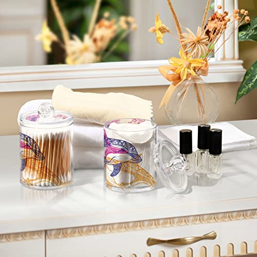 WELLDAY Apothecary Jars Bathroom Storage Organizer with Lid - 14 oz Qtip Holder Storage Canister, Three Bottlenose Dolphins Mandala Clear Plastic Jar for Cotton Swab, Cotton Ball, Floss Picks, Makeup