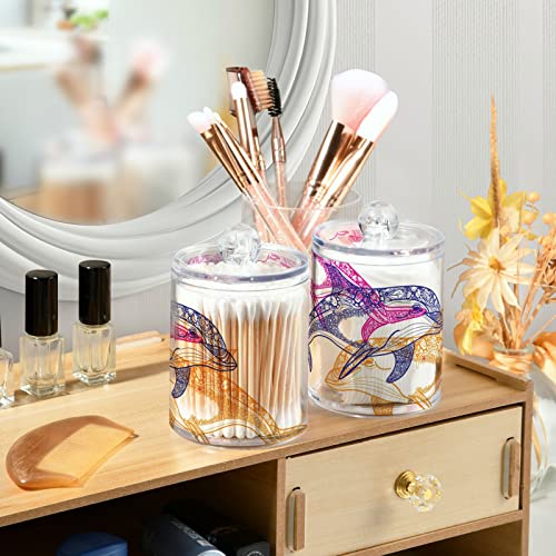 WELLDAY Apothecary Jars Bathroom Storage Organizer with Lid - 14 oz Qtip Holder Storage Canister, Three Bottlenose Dolphins Mandala Clear Plastic Jar for Cotton Swab, Cotton Ball, Floss Picks, Makeup