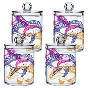 WELLDAY Apothecary Jars Bathroom Storage Organizer with Lid - 14 oz Qtip Holder Storage Canister, Three Bottlenose Dolphins Mandala Clear Plastic Jar for Cotton Swab, Cotton Ball, Floss Picks, Makeup