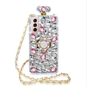 losin compatible with galaxy s23 bling case luxury 3d perfume bottle phone case glitter sparkle crystal rhinestones diamond gemstone ring stand kickstand crossbody lanyard strap for women girls, pink