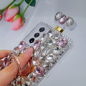 Losin Compatible with Galaxy S23 Bling Case Luxury 3D Perfume Bottle Phone Case Glitter Sparkle Crystal Rhinestones Diamond Gemstone Ring Stand Kickstand Crossbody Lanyard Strap for Women Girls, Pink