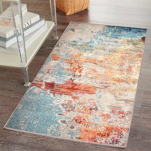 RoomTalks Ultra Thin Flatweave Orange and Turquoise Non-Slip Throw Rugs for Bathroom Kitchen Entryway Indoor Doormat, Modern Abstract Multicolored Colorful 2x3 Small Area Rug Heavy Duty TPR Backed