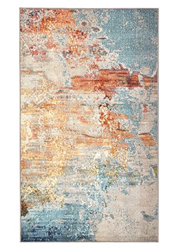 RoomTalks Ultra Thin Flatweave Orange and Turquoise Non-Slip Throw Rugs for Bathroom Kitchen Entryway Indoor Doormat, Modern Abstract Multicolored Colorful 2x3 Small Area Rug Heavy Duty TPR Backed
