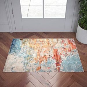 RoomTalks Ultra Thin Flatweave Orange and Turquoise Non-Slip Throw Rugs for Bathroom Kitchen Entryway Indoor Doormat, Modern Abstract Multicolored Colorful 2x3 Small Area Rug Heavy Duty TPR Backed