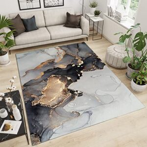 QINYUN Modern Style Area Rug, Grey Gold Swoosh Marble Bedroom Rug, Indoor Decorative Rug Anti-Slip Comfortable and Durable, Suitable for Office Bedroom Living Room-4ft×6ft