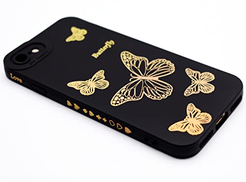 Qokey for iPhone SE 2022/SE 2020/iPhone 8/iPhone 7 Case,Side Cute Plated Love Heart Bling Butterfly with Full Camera Lens Cover Protection Soft TPU Shockproof Phone Case for Women Girls Men,Black