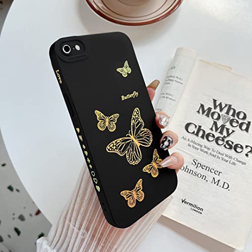 Qokey for iPhone SE 2022/SE 2020/iPhone 8/iPhone 7 Case,Side Cute Plated Love Heart Bling Butterfly with Full Camera Lens Cover Protection Soft TPU Shockproof Phone Case for Women Girls Men,Black