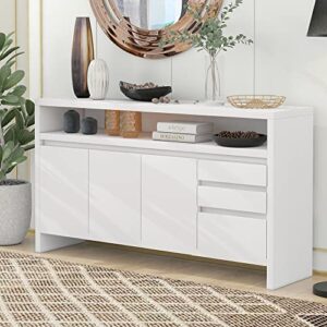 VZADGWA Modern Sideboard Buffet Storage Cabinet with Drawers & Adjustable Shelves, Free Standing Cabinet Kitchen Console Table for Dining Living Room, Entryway, MDF, White