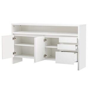 VZADGWA Modern Sideboard Buffet Storage Cabinet with Drawers & Adjustable Shelves, Free Standing Cabinet Kitchen Console Table for Dining Living Room, Entryway, MDF, White