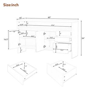 VZADGWA Modern Sideboard Buffet Storage Cabinet with Drawers & Adjustable Shelves, Free Standing Cabinet Kitchen Console Table for Dining Living Room, Entryway, MDF, White